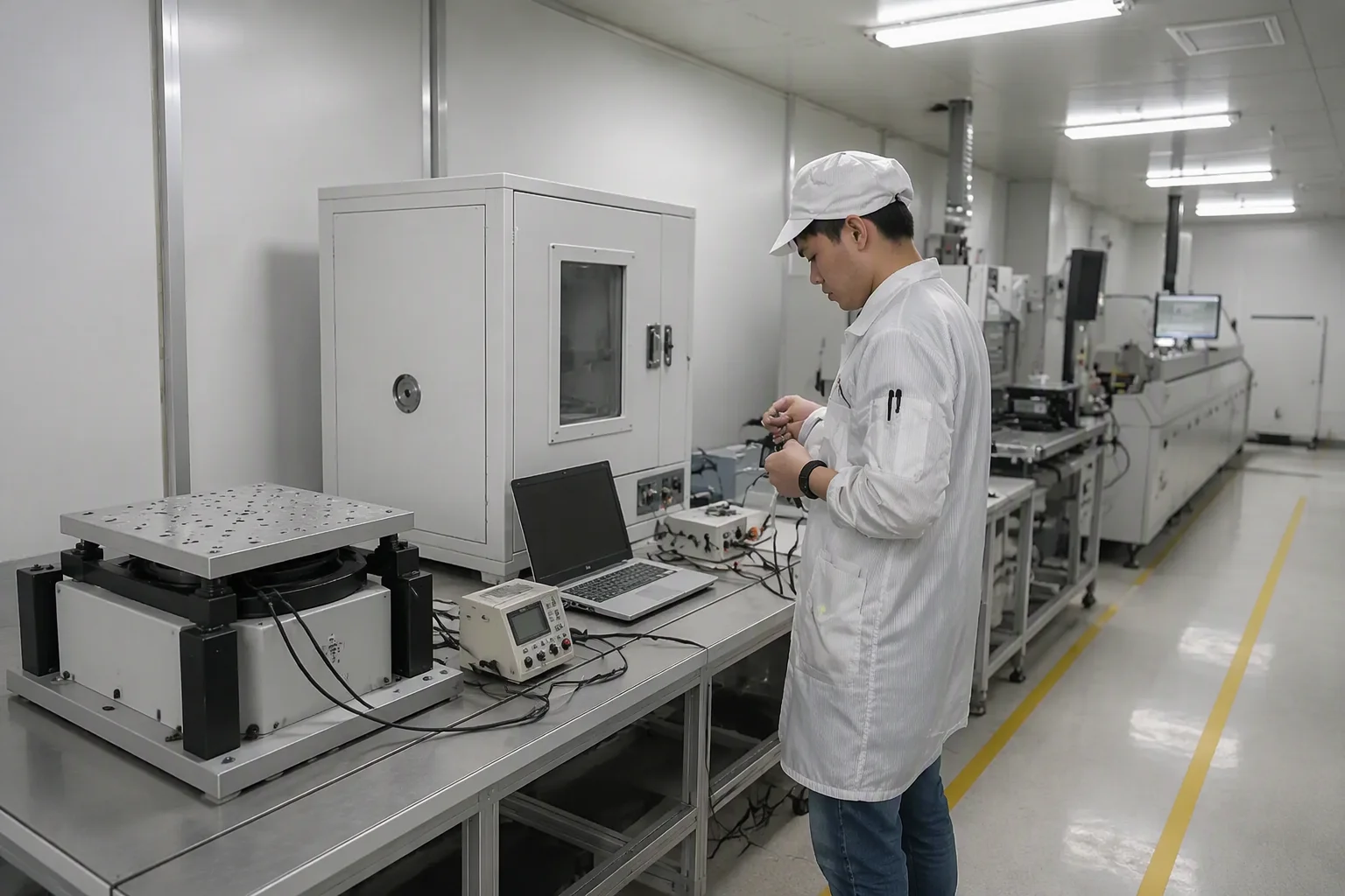 Reliability lab with a vibration table, thermal chamber and an engineer tuning a laptop run