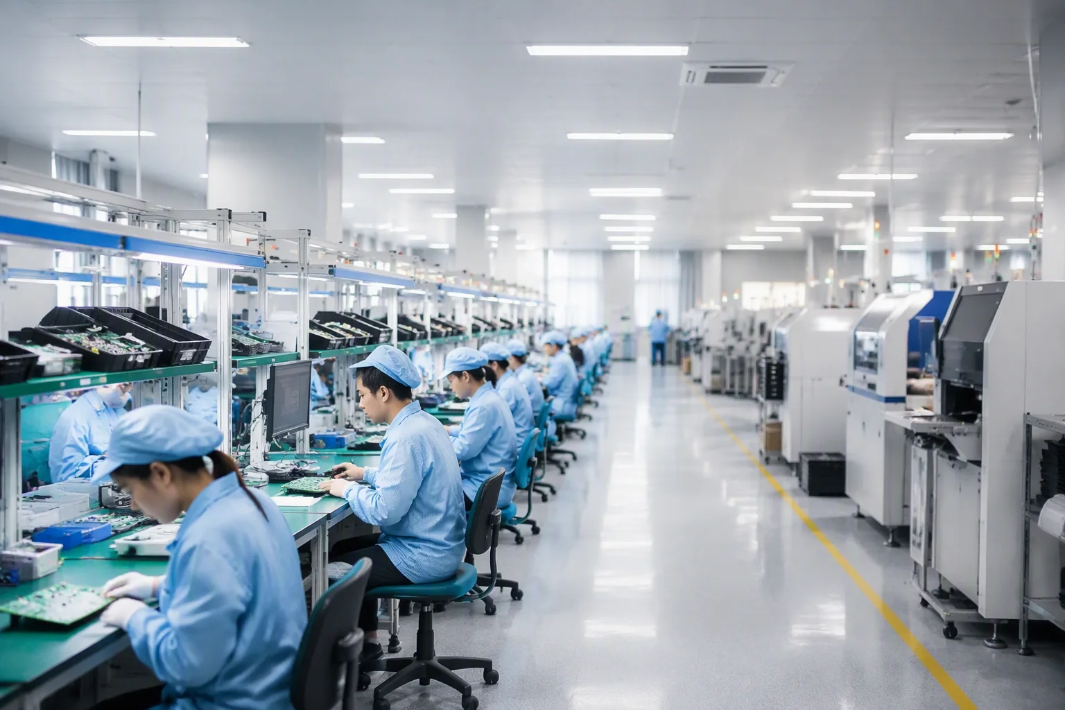 Wide view of the electronics production floor with operators in ESD smocks assembling circuit boards