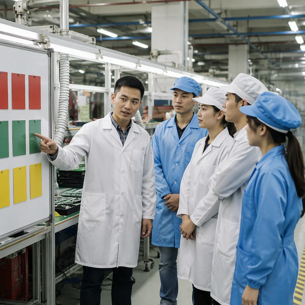 Saturn engineers in a training session around a build review board