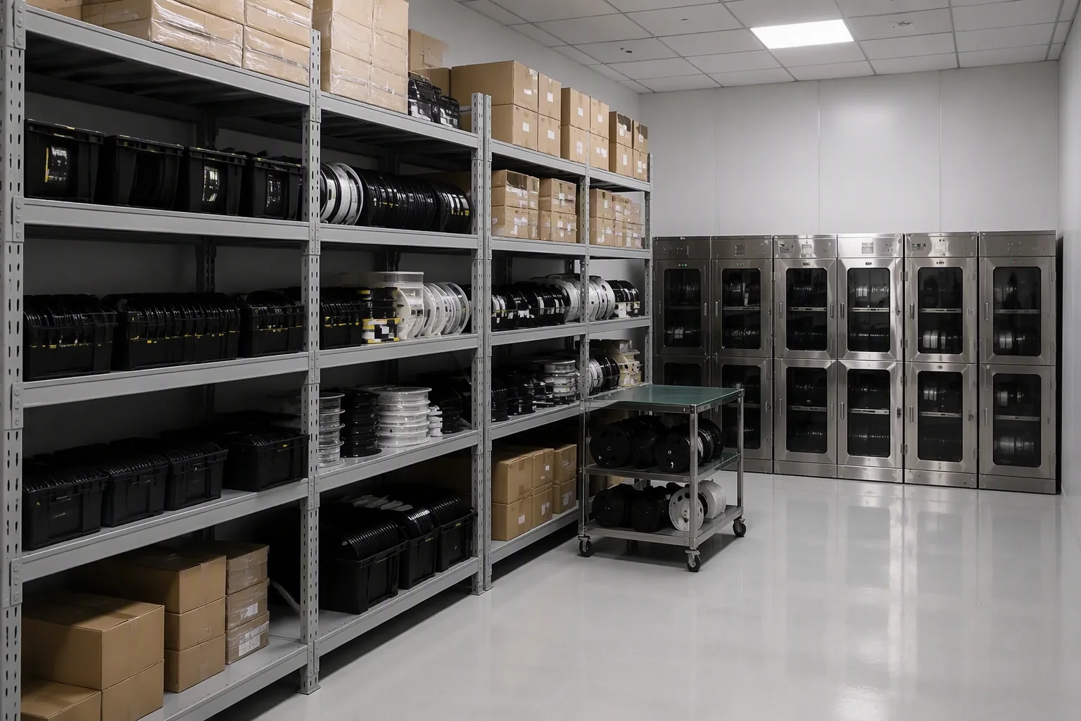 Wide view of ESD component storage racks with a cart in the aisle