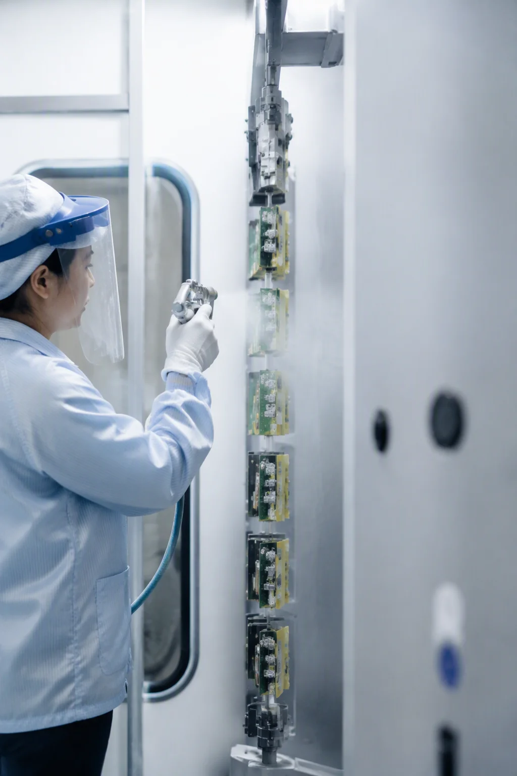 Operator in protective gear selectively spray-coating circuit boards on a rotating fixture inside a ventilated coating booth
