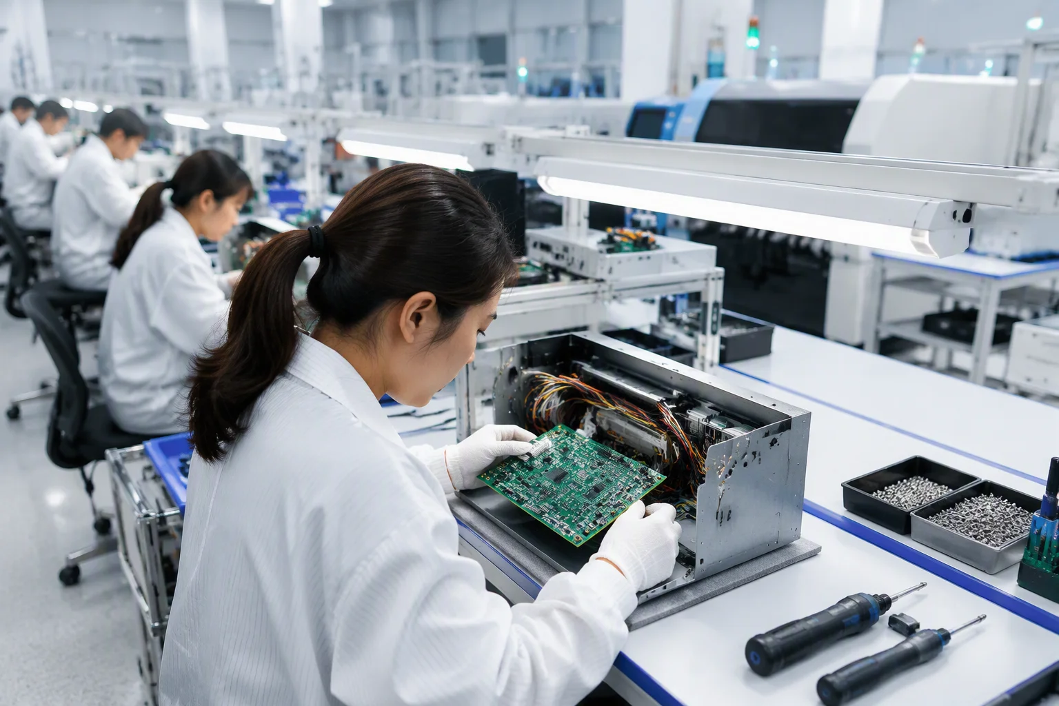 Technician fitting a PCB into an open enclosure at a box-build bench with cable harnesses