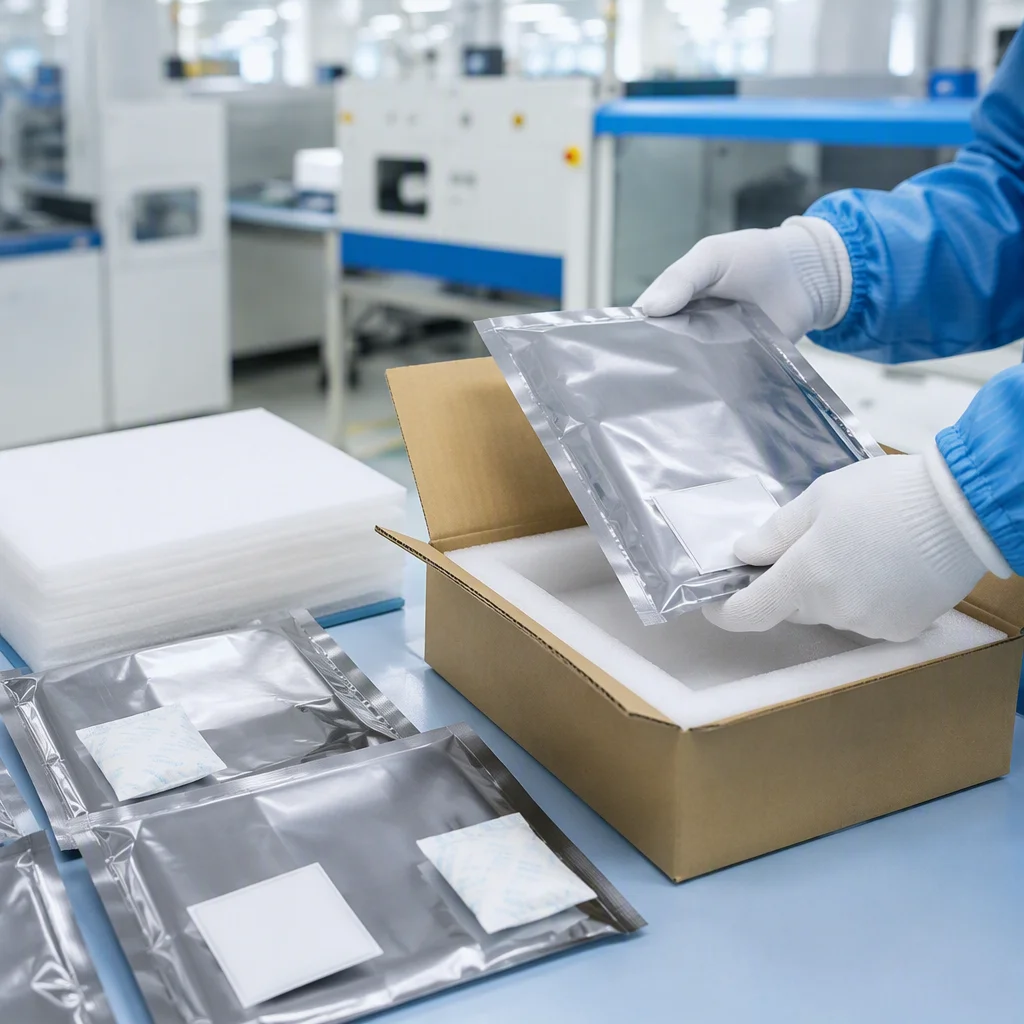 Finished electronics in silver ESD shielding bags with desiccant packs and humidity indicator cards placed into export cartons