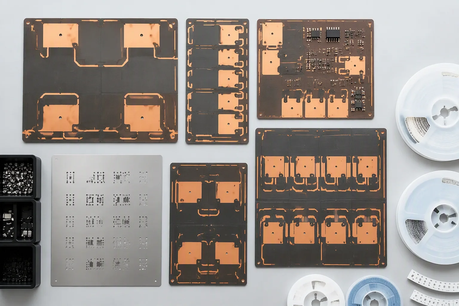 Overhead flat-lay of bare and partially assembled PCB panels on an anti-static mat with stencil and component trays
