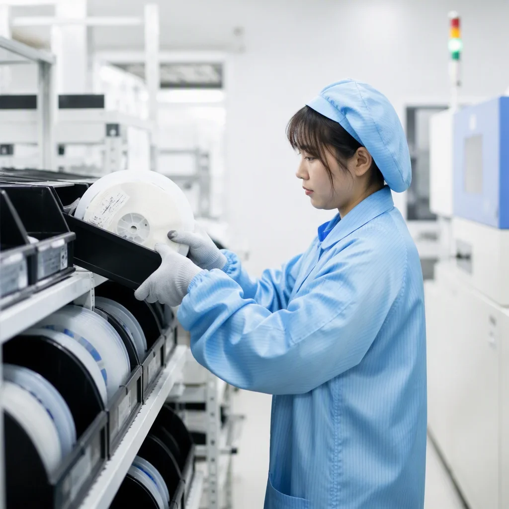 Component storage shelves with reels of surface-mount parts in labeled bins, an operator picking a reel