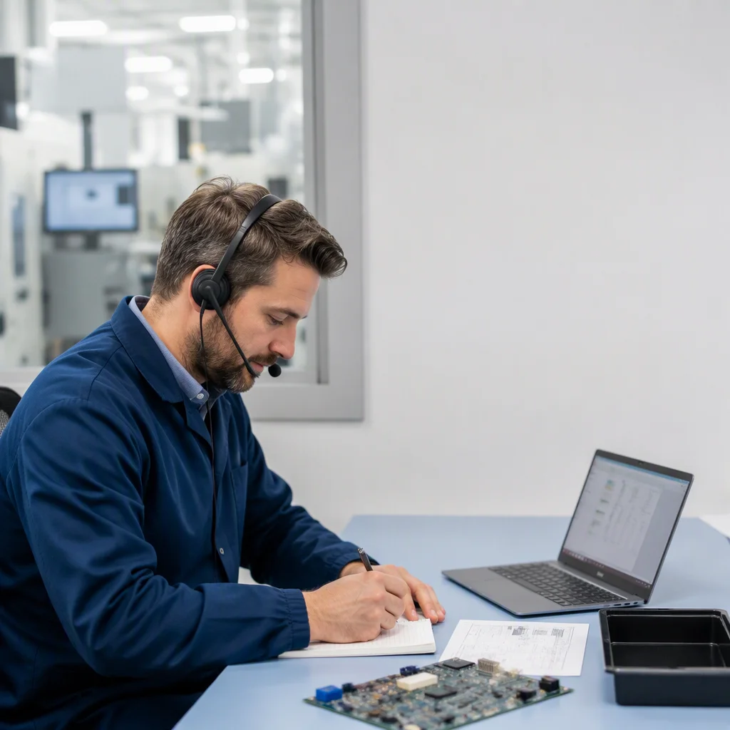 Bilingual customer engineer wearing a headset writing notes beside a laptop with a circuit board on the desk