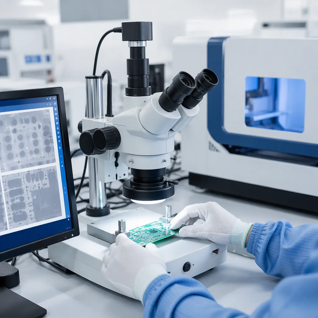 Inspection station with a stereo microscope, an X-ray unit in the background and ESD-gloved hands placing a PCB
