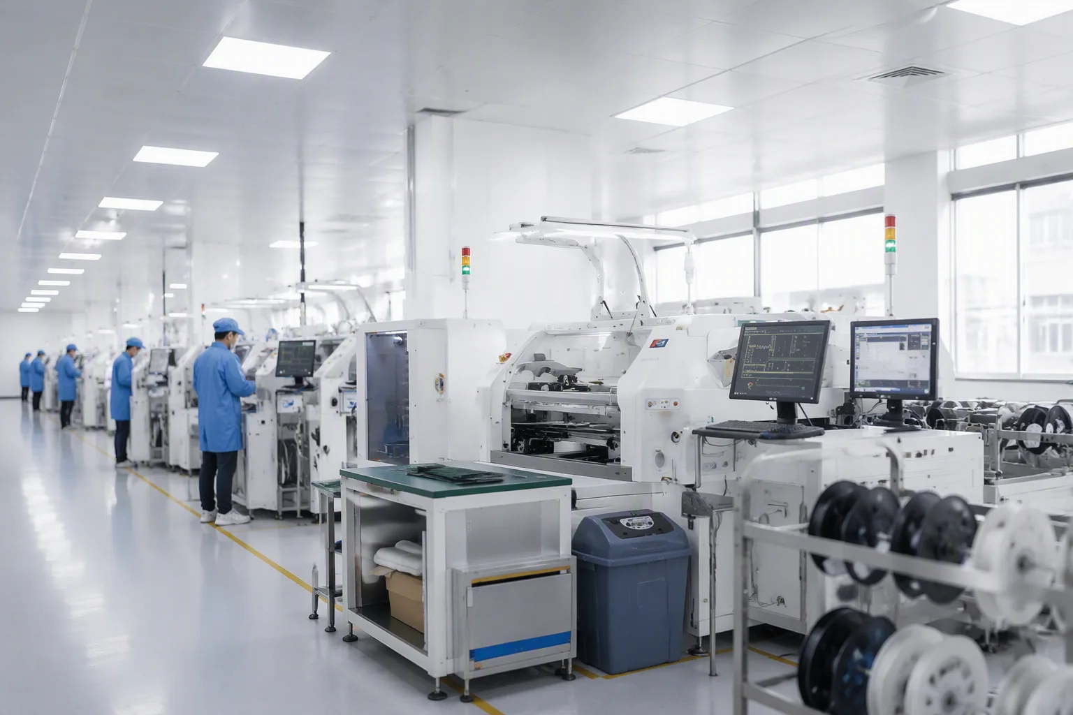 Wide-angle view of a clean electronics manufacturing hall with long SMT conveyor lines receding in perspective