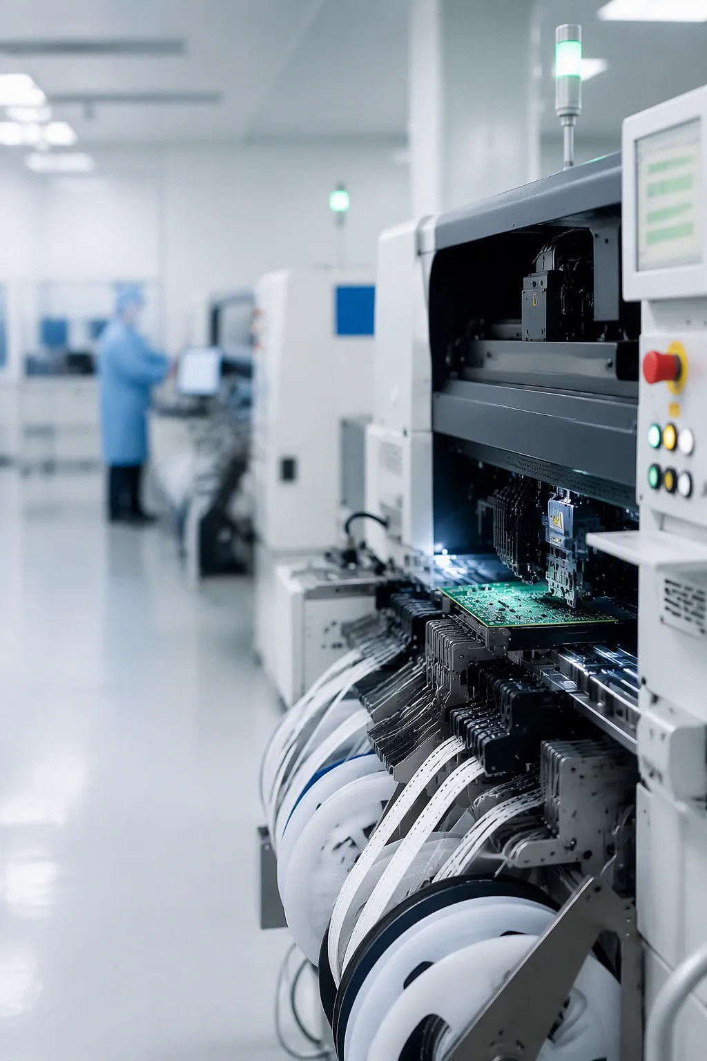 High-speed pick-and-place machine in operation with a feeder bank and a PCB under the placement head