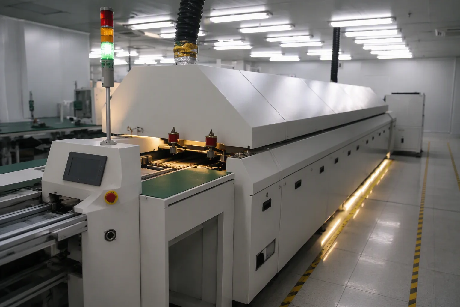 Reflow oven exit with boards on the conveyor