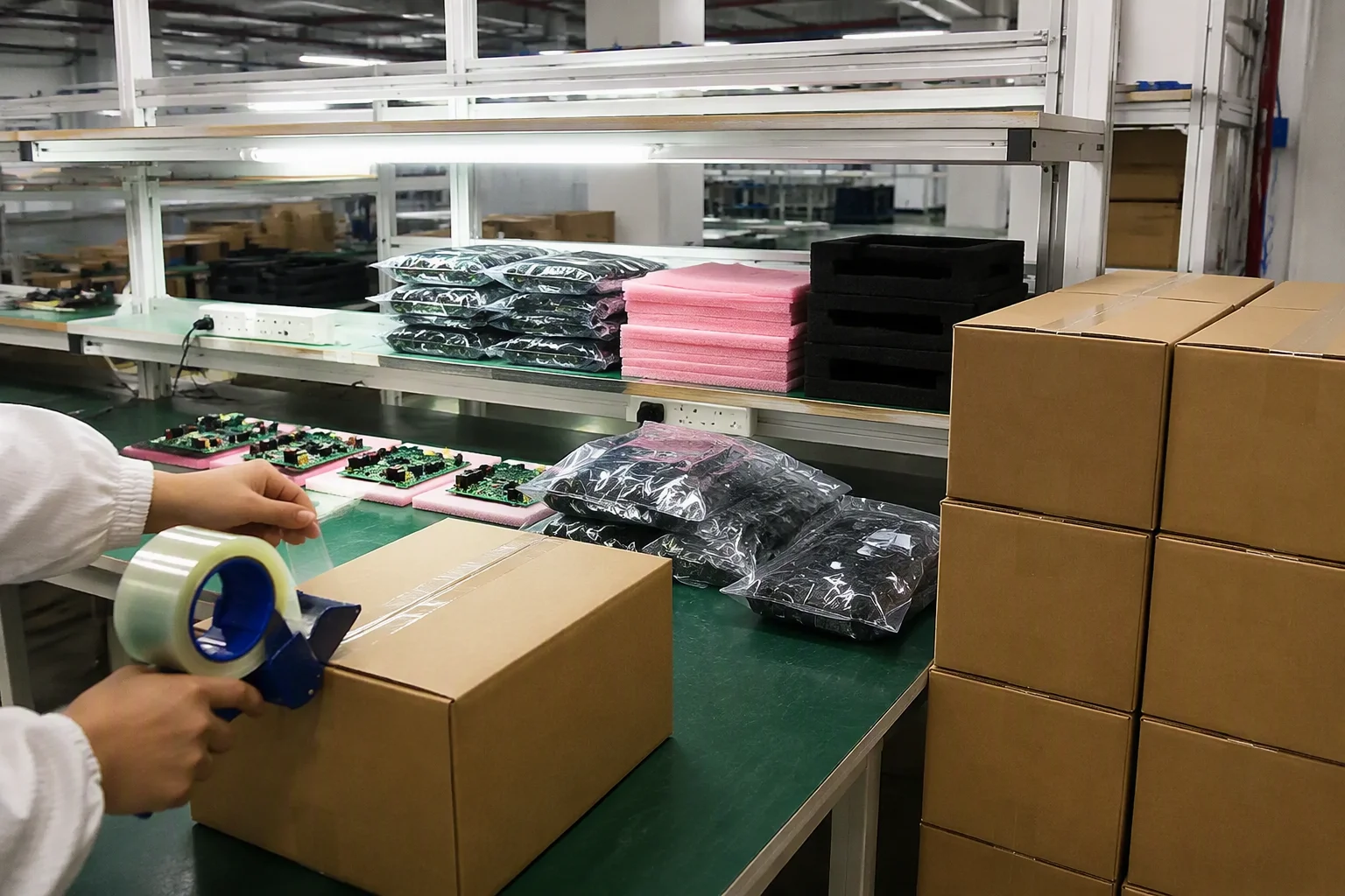 Packing area with ESD bags and cartons