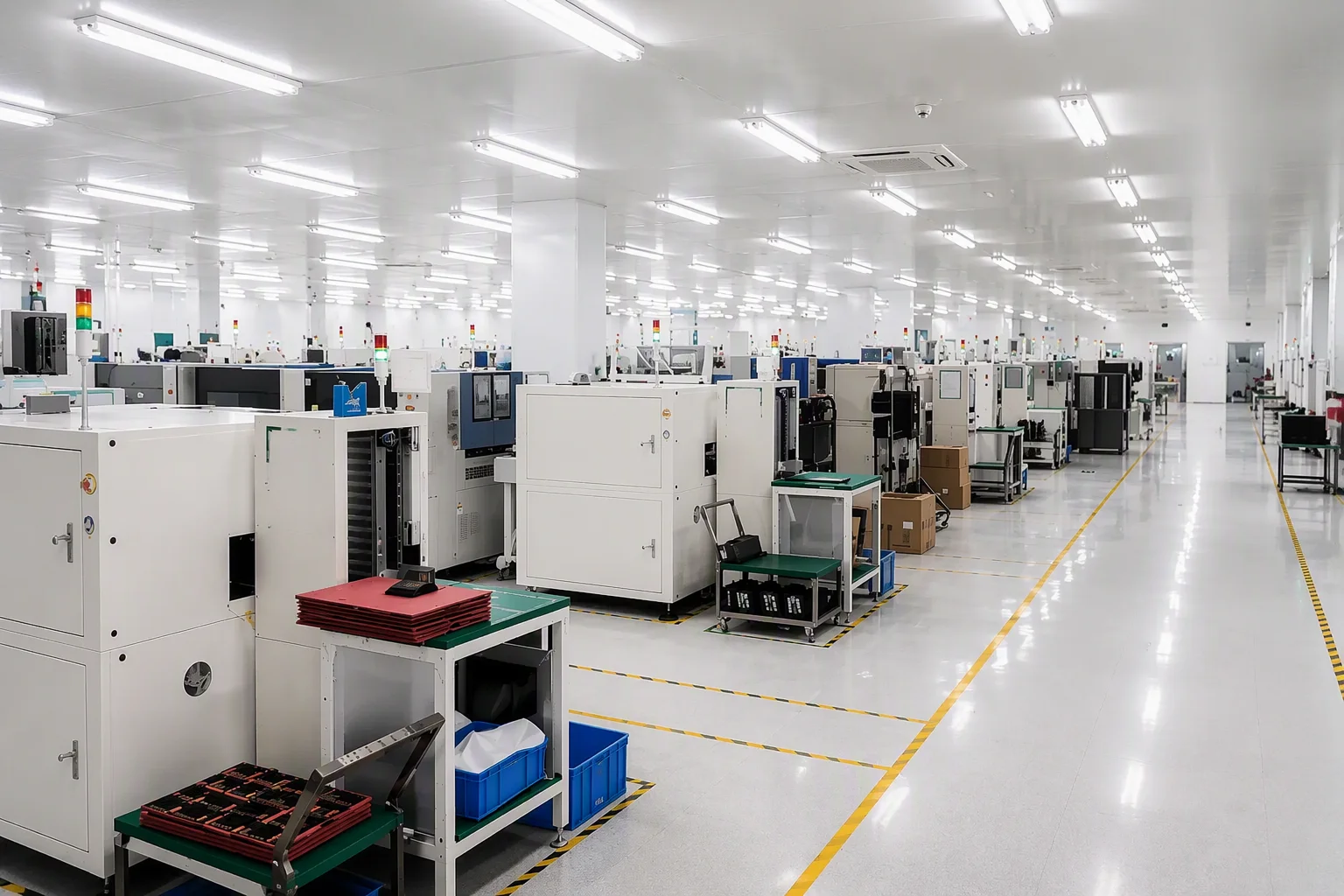 Wide view of the Saturn SMT cleanroom floor with placement lines running