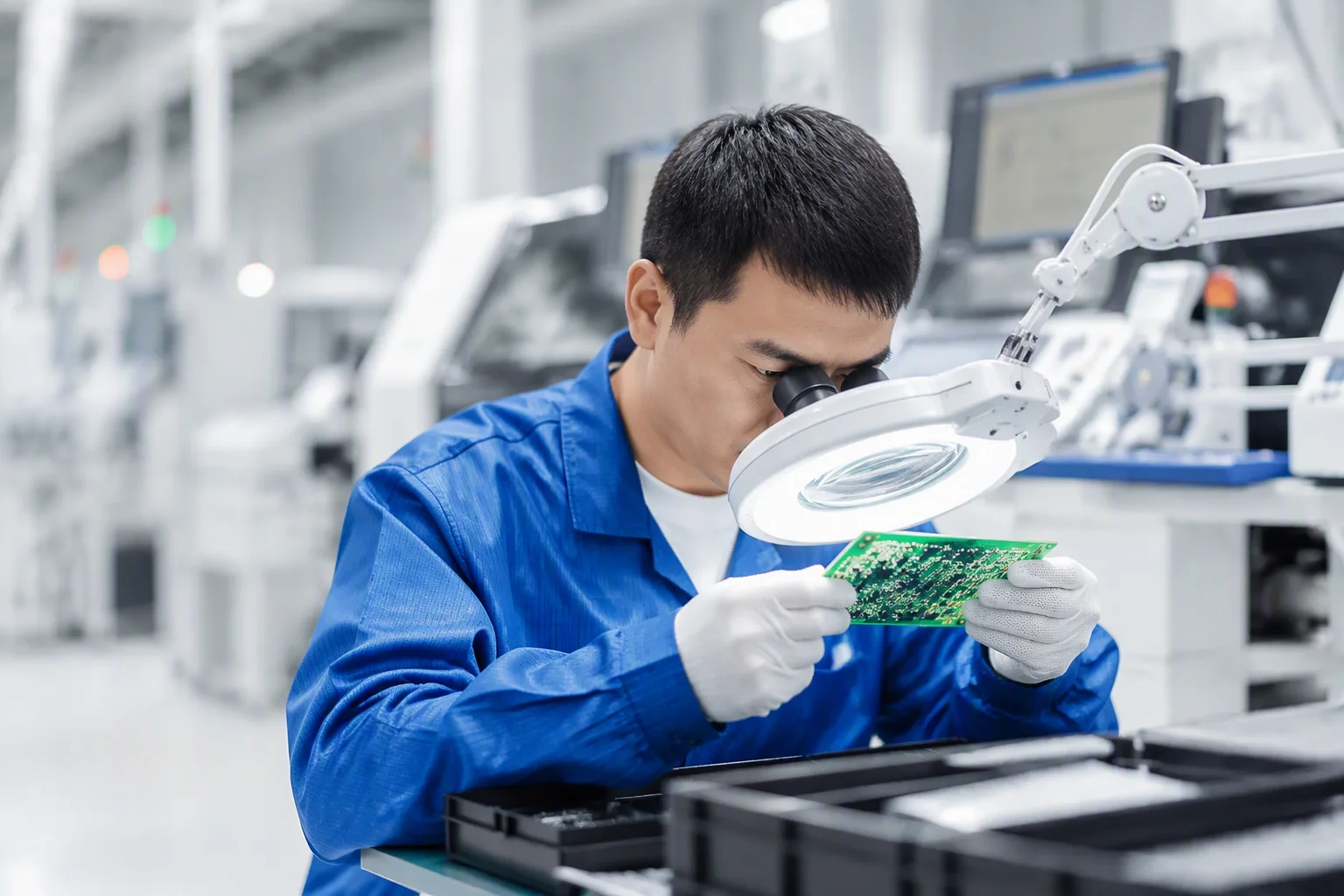 Process engineer reviewing a circuit board under a magnifying inspection lamp at an ESD workbench