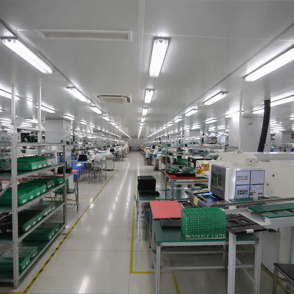 Wide interior of the Saturn factory floor with SMT lines and workstations
