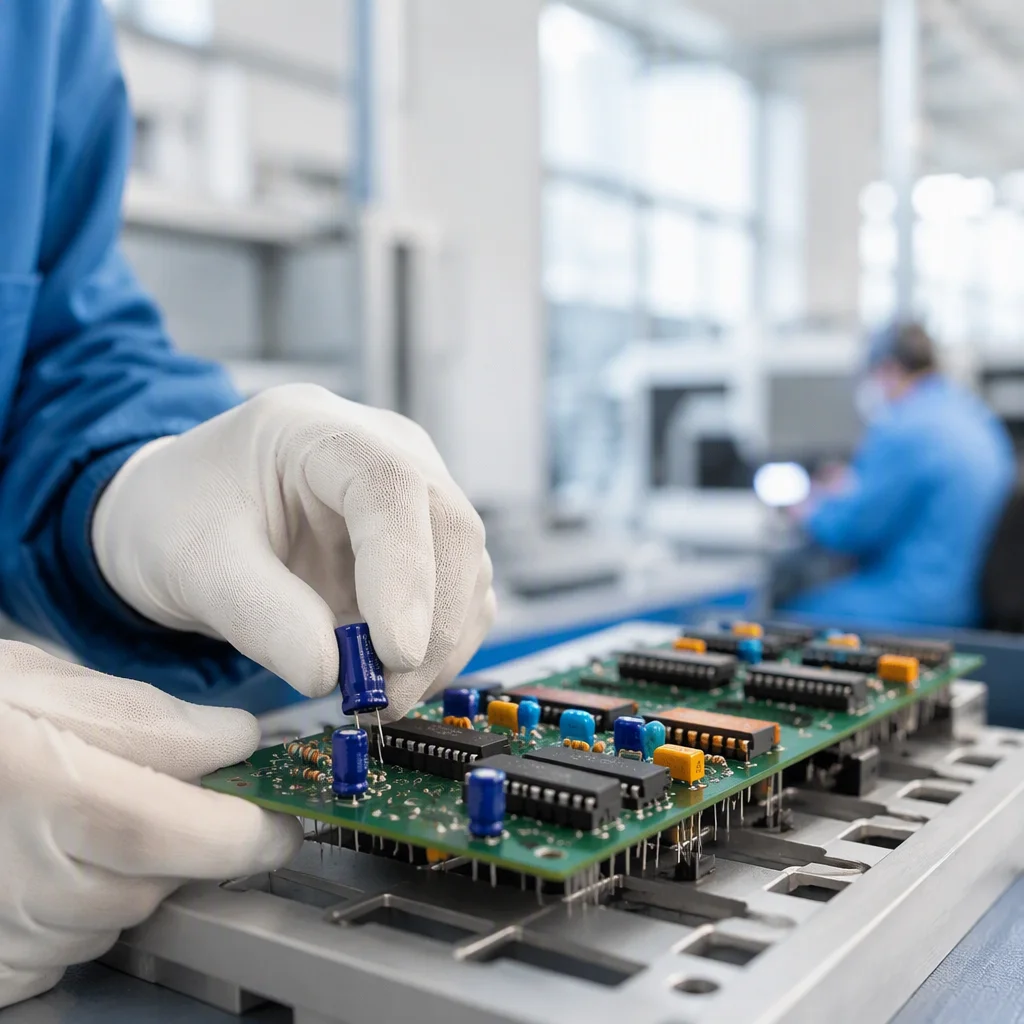 ESD-gloved hands inserting capacitors into a green PCB above a wave soldering pallet fixture