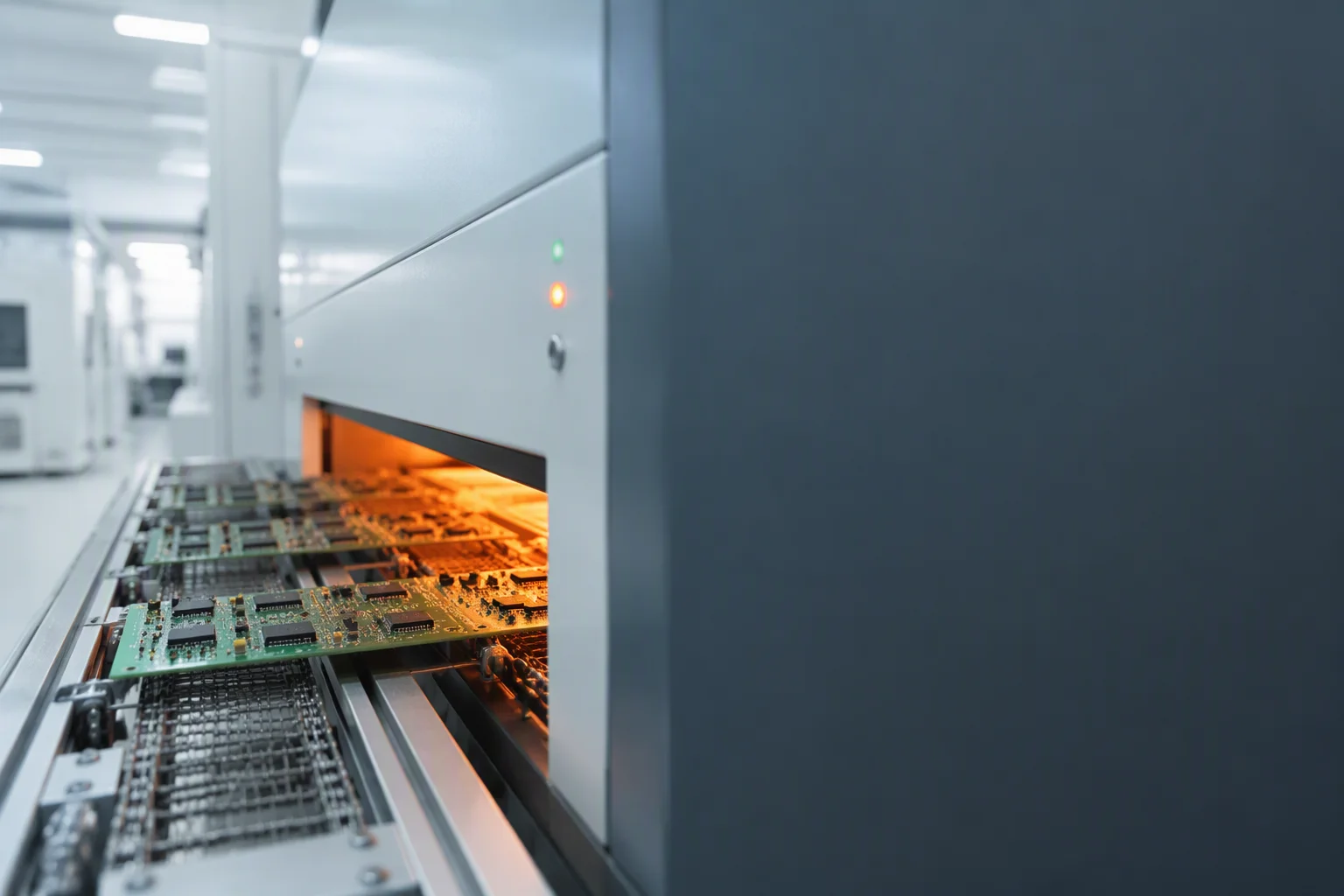 Assembled circuit boards exiting a reflow oven conveyor with a warm glow inside the tunnel