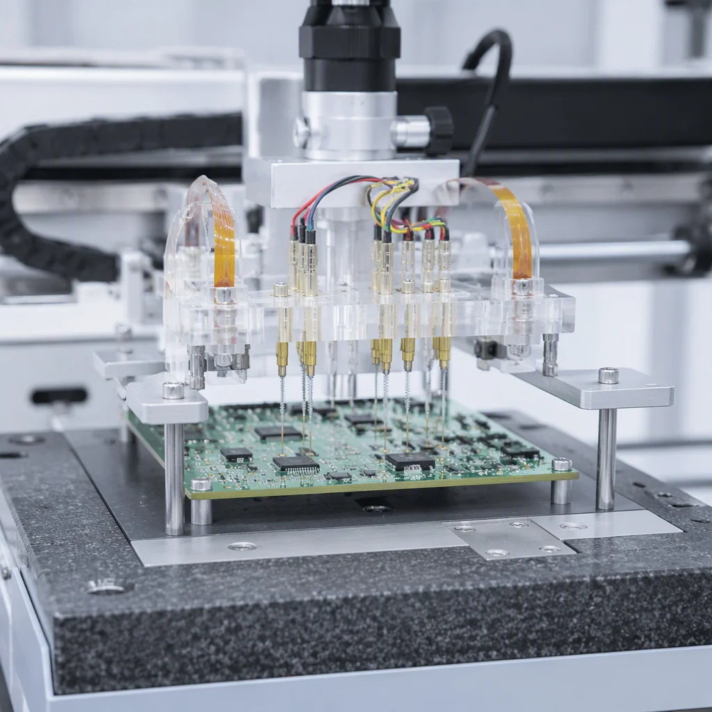 Flying probe test machine with fine probe needles touching a circuit board on its granite base