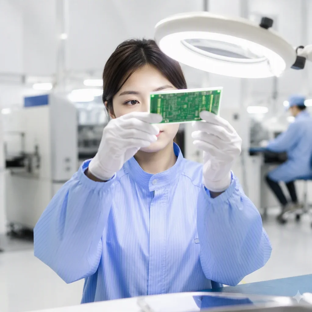 Quality inspector in ESD smock and gloves examining a circuit board against a light at an inspection bench