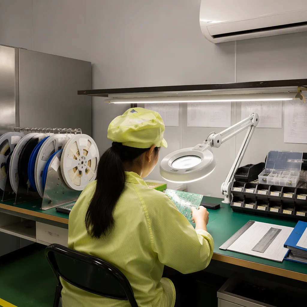 Incoming inspection: component reels and a data sheet checked under a magnifier at an ESD bench
