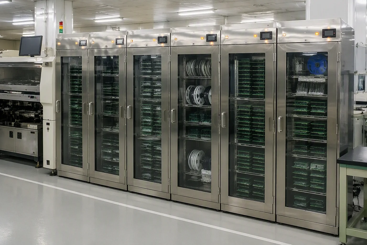 Moisture-sensitive component dry cabinets with an operator checking a humidity indicator card