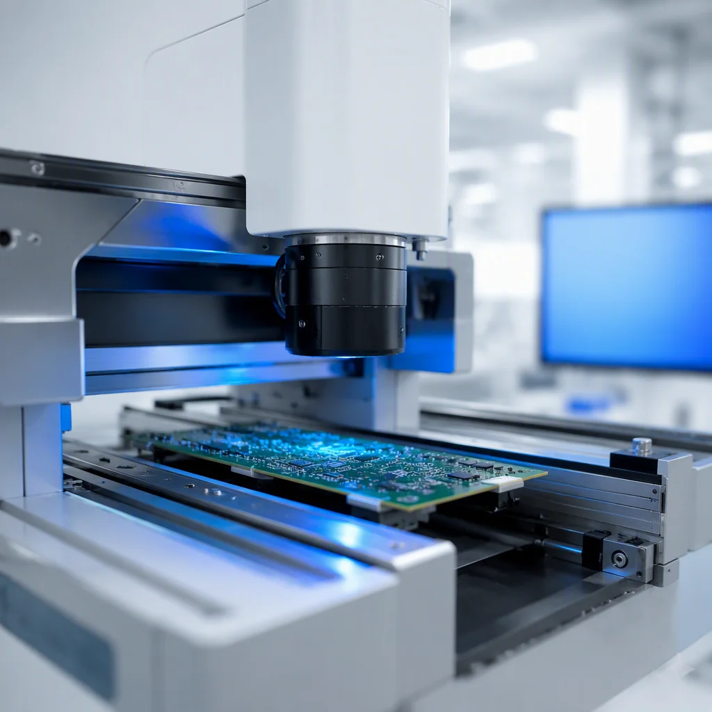 Automated optical inspection machine with its camera gantry over a PCB and a soft monitor glow