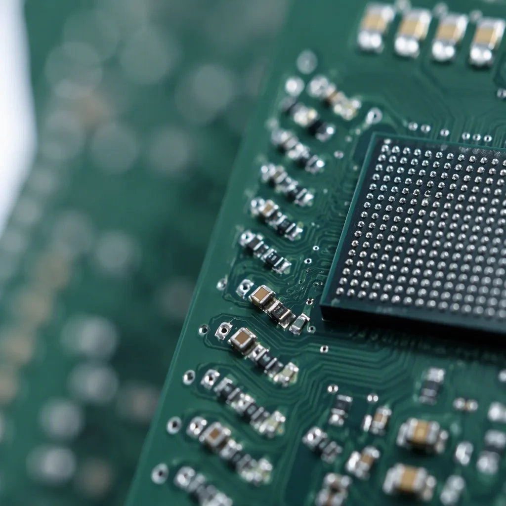 Extreme macro of 01005 chip components and a fine-pitch BGA on a dark green circuit board