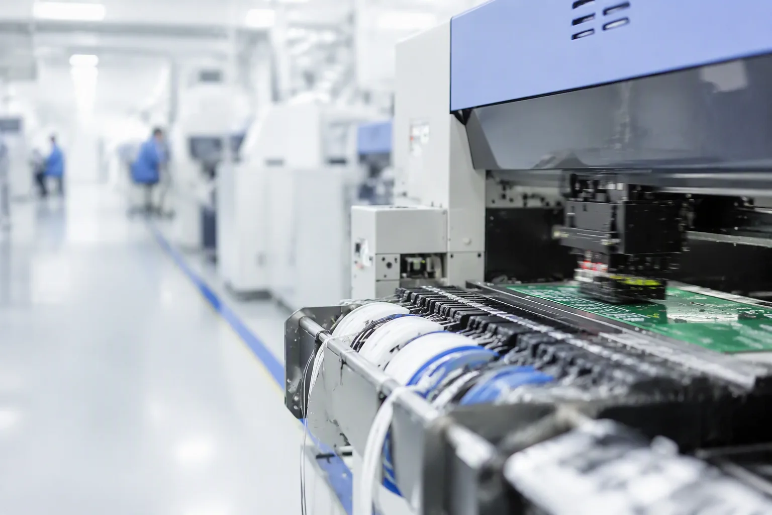 SMT line with a solder paste printer and placement machines linked by conveyor, an operator at the far end